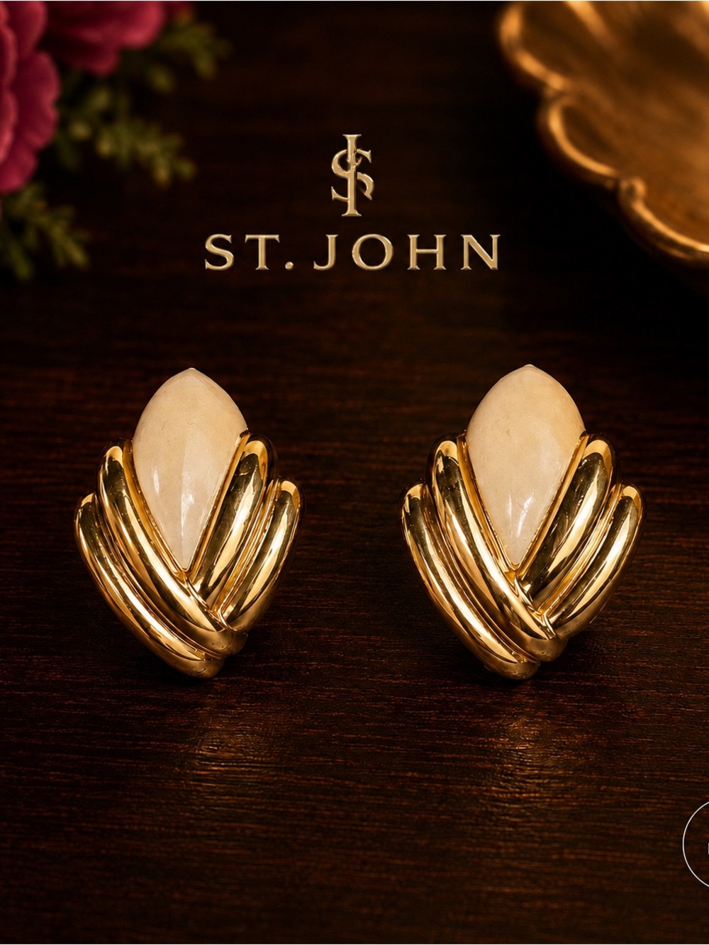 VTG St. John Sculptural Cream Enamel Gold Tone Clip On Earrings Signed